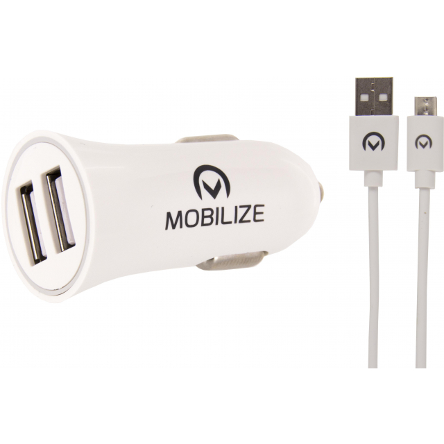 Mobilize Car Charger 2x USB + USB to Micro USB Cable 12W 1m. White - Afbeelding 1