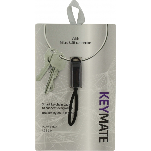 KeyMate Charge/Sync Keychain Cable Nylon Braided Micro USB Black - Afbeelding 1