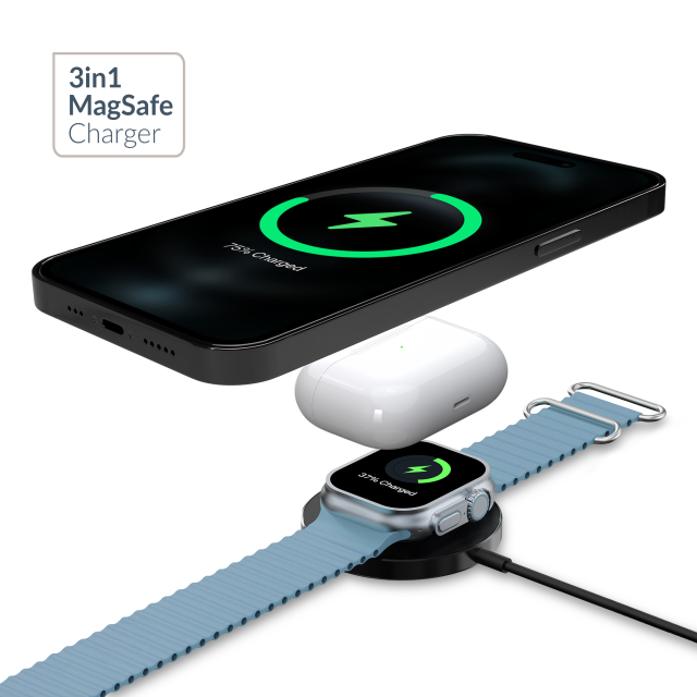 Mobilize 3in1 Magnetic Wireless Charger MagSafe Compatible 15W Black - Afbeelding 1